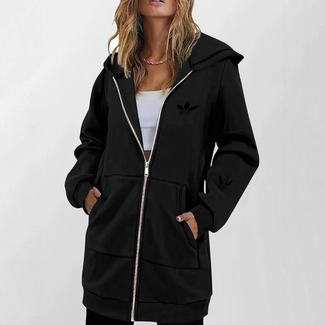 Damen Lange Kapuzen-Sweatjacke mit Metallreißverschluss, Kängurutaschen und figurumspielender Silhouette Echoarchiv