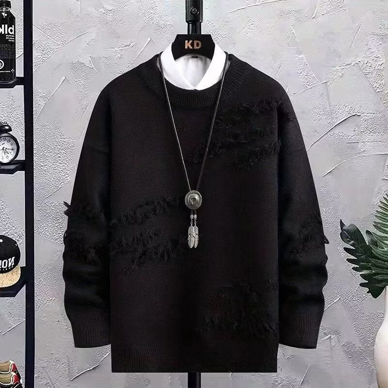 Herren Oversized Strickpullover mit Fransen‑Used‑Details und Rundhalsausschnitt Echoarchiv