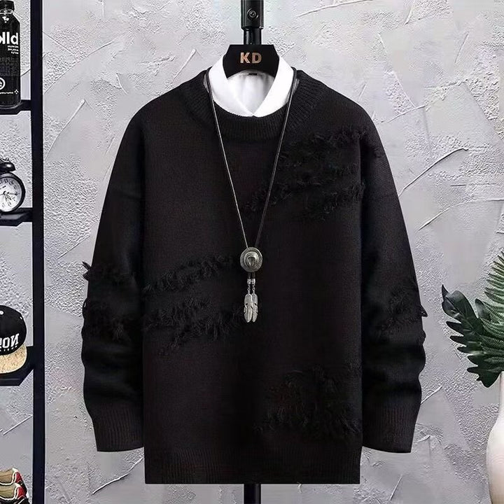Herren Oversized Strickpullover mit Fransen‑Used‑Details und Rundhalsausschnitt Echoarchiv