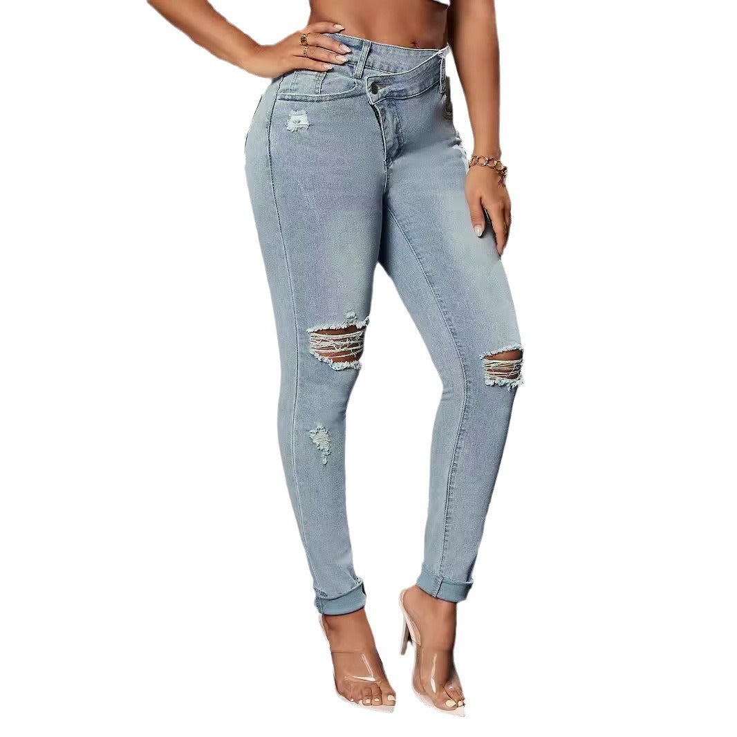 Damen nan Highwaist-Ripped-Skinny-Jeans mit Stretch, ausgefransten Knieöffnungen und umgeschlagenem Saum Echo Archiv