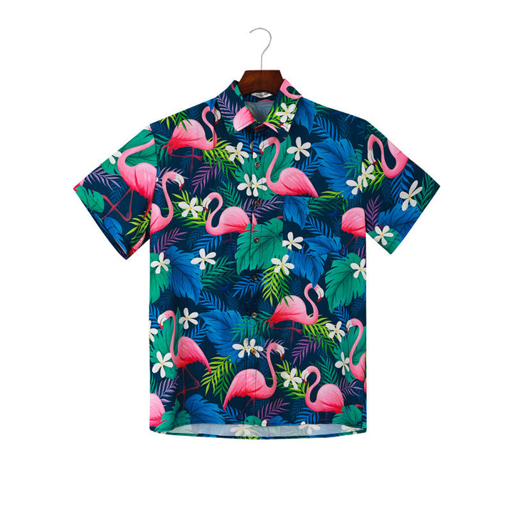 Herren Kurzarmhemd mit lebendigem Flamingo-Muster und atmungsaktiver Baumwolle Echoarchiv