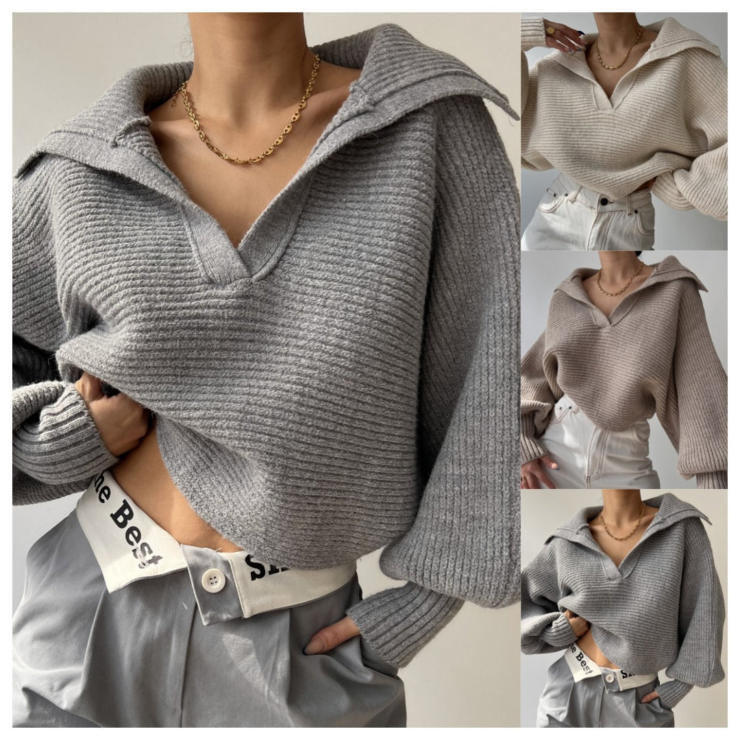 Damen nan Grobstrick-Pullover mit weitem Kragen und V-Ausschnitt Echo Archiv