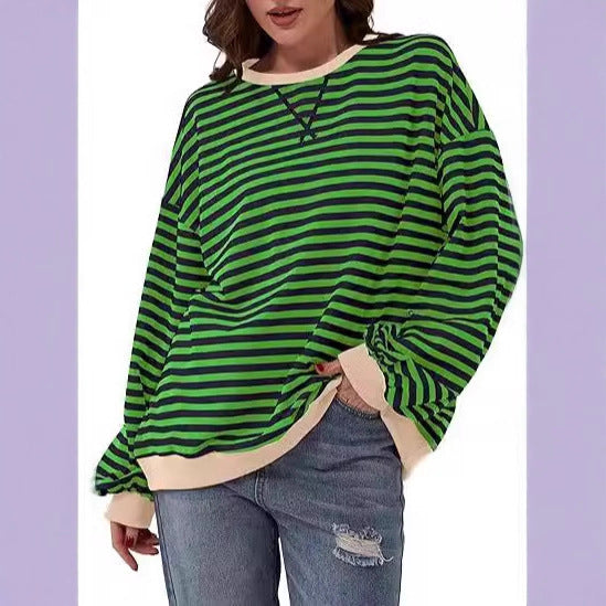 Damen Lässiges Oversize-Streifen-Sweatshirt mit Raglanärmeln und Kontrastbündchen – Mavelle