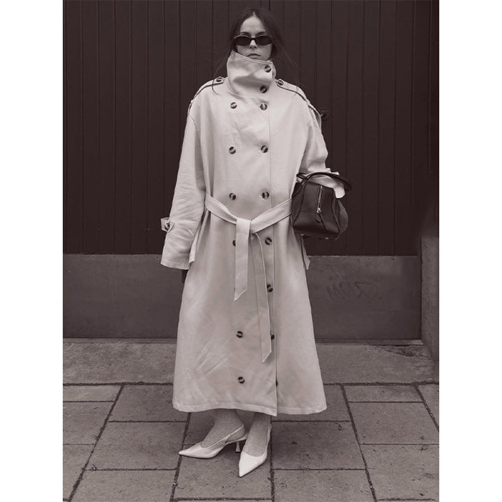 Damen Langer Oversized Trenchcoat mit hohem Stehkragen, Glockenärmeln und Bindegürtel Echoarchiv