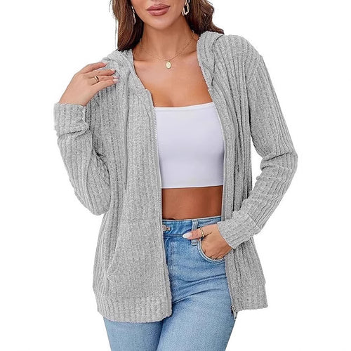 Damen Strick-Kapuzenjacke mit Reißverschluss, Waffelstruktur und Eingrifftaschen – Auréline