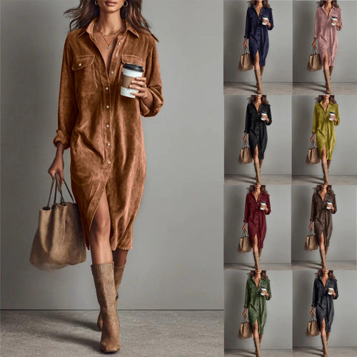 Damen Hemdblusenkleid aus Cord mit Brusttaschen, Knopfleiste und Schlitze Echoarchiv