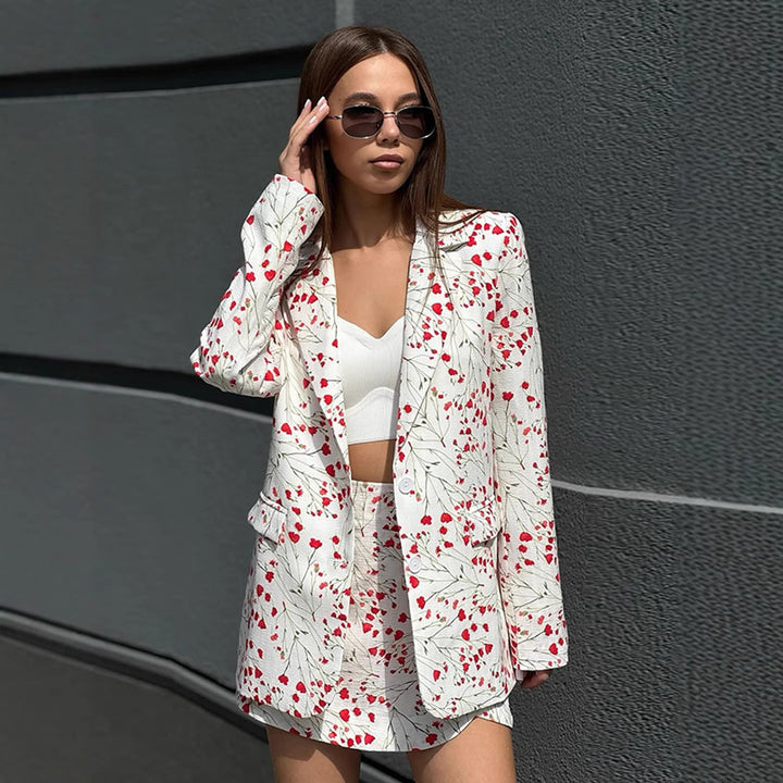 Damen Florales Blazer- und Minirock-Set aus strukturierter Baumwollmischung Echoarchiv
