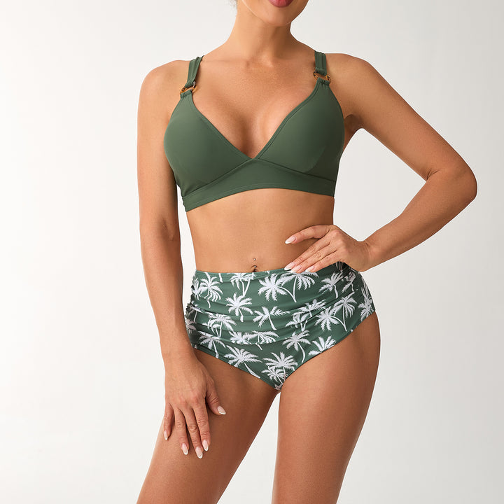 Damen Hochtailliertes Bikini-Set mit verstellbaren Trägern und stilvollem Palmendruck Echo Archiv