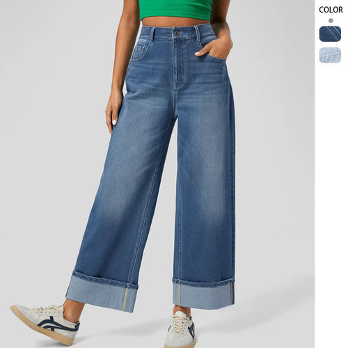 Damen nan hochgeschnittene weite Knöchellänge-Jeans mit breitem Umschlag und Fünf-Taschen-Schnitt Echo Archiv