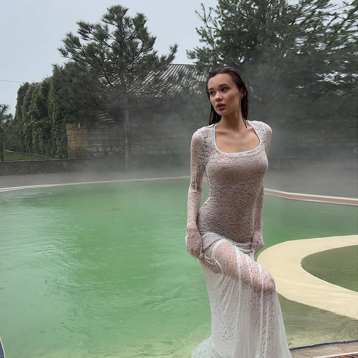 Damen elegantes, durchsichtiges Spitzenkleid mit langen Ärmeln Echo Archiv