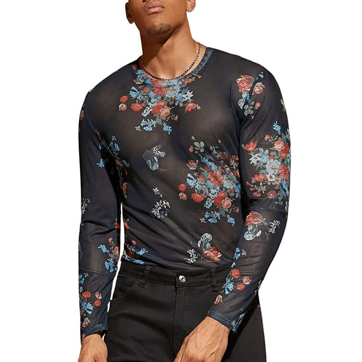 Herren Langarmshirt mit floralem Muster und transparentem Stoff Echoarchiv
