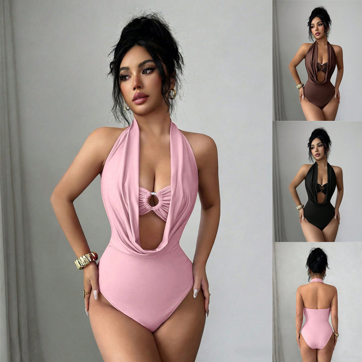 Damen Taillierter Neckholder-Einteiler mit drapiertem Dekolleté und Ringdetail Echo Archiv