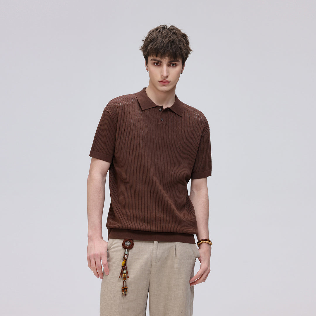 Herren Kurzarm-Feinstrick-Poloshirt mit Strukturstrick und luftiger Perforation Echo Archiv