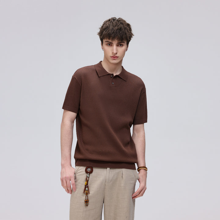 Herren Kurzarm-Feinstrick-Poloshirt mit Strukturstrick und luftiger Perforation Echo Archiv