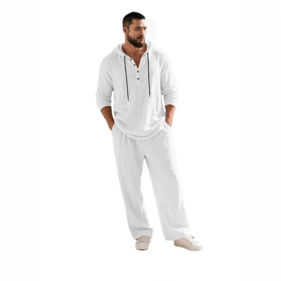 Herren nan lässiges Leinenzweiteiler-Set mit Kapuzenhemd im Henley-Stil und weiten Freizeit-Hosen Echo Archiv