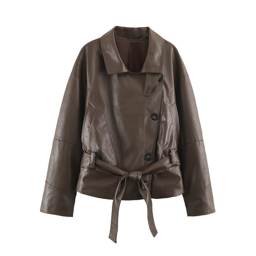 Damen Taillierte Lederoptik-Jacke mit asymmetrischer Knopfleiste und Bindegürtel Echoarchiv