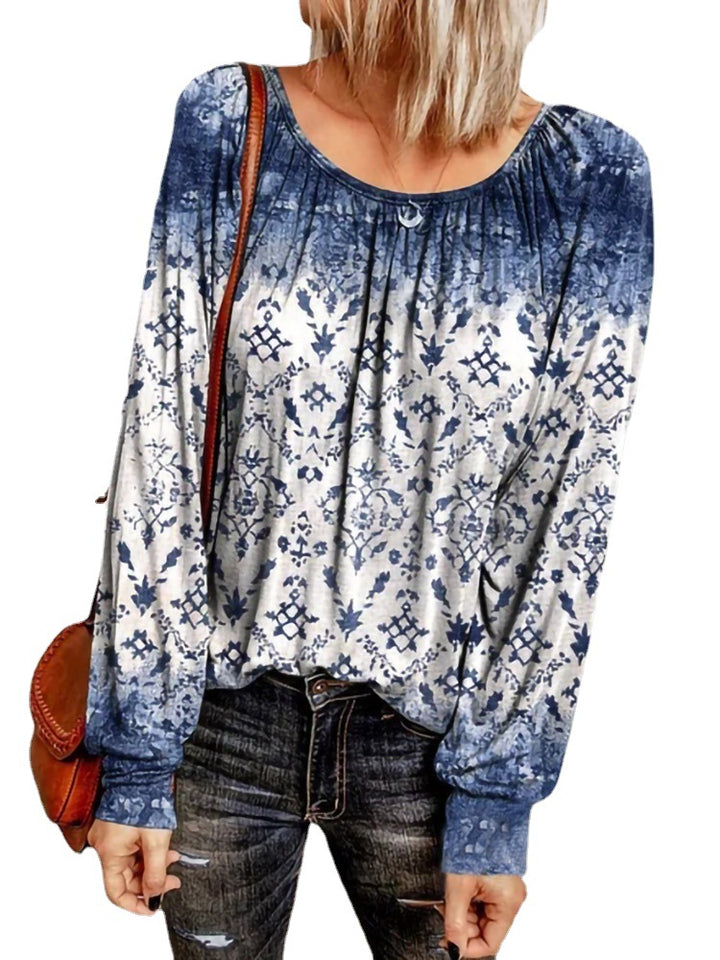 Damen Ethno-Print Oversize-Tunika mit Rundhalsausschnitt und langen Ballonärmeln – Avérine