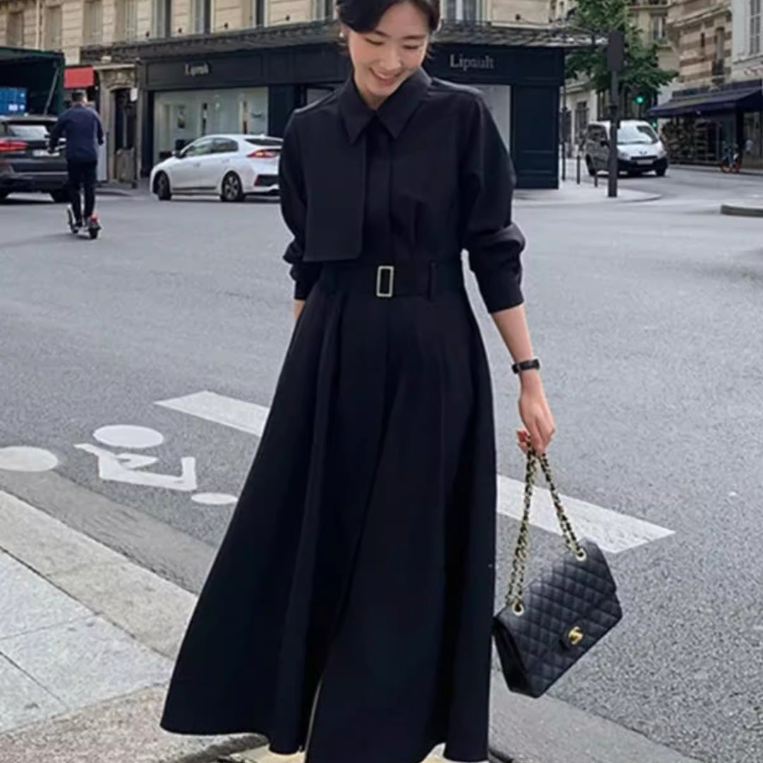 Damen Modernes Hemdblusen-Maxikleid mit taillierendem Stoffgürtel und weitem Tellerrock Echoarchiv