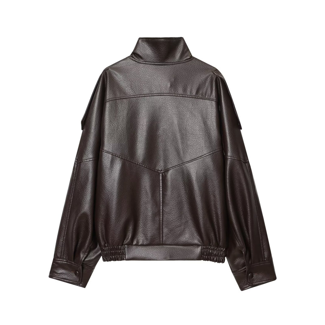 Damen nan Kunstleder-Bomberjacke mit hohem Stehkragen, asymmetrischer Druckknopfleiste und elastischem Saum Echo Archiv