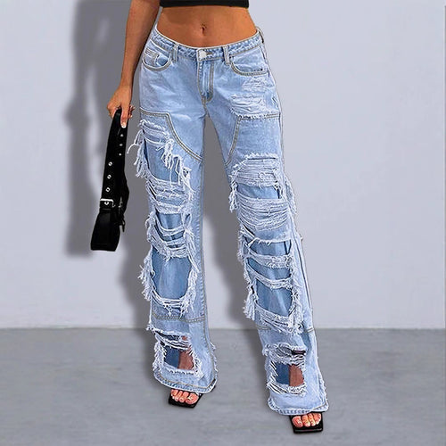 Damen Stark zerrissene Wide-Leg Denim-Jeans mit Fransen-Details Echo Archiv