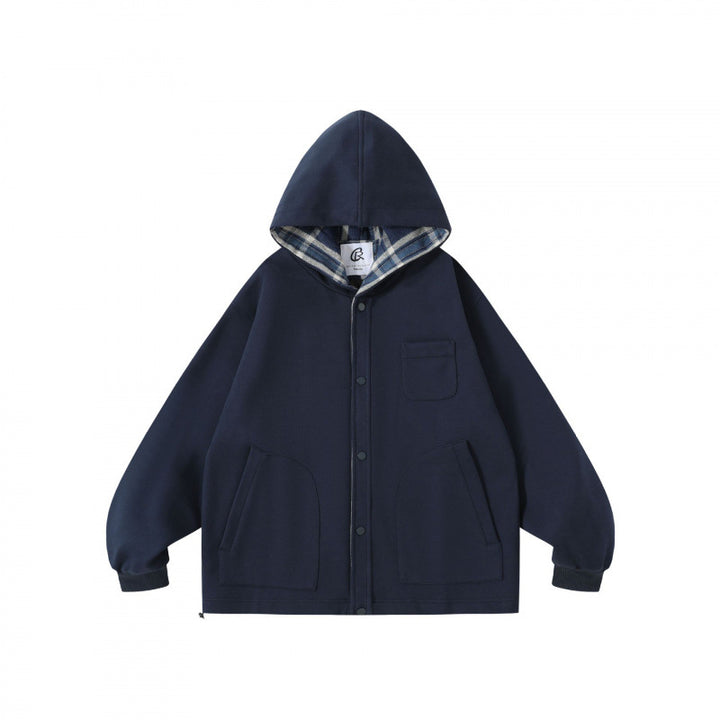Unisex Oversize-Kapuzen-Überjacke mit kariert gefütterter Kapuze und Druckknopfleiste Echo Archiv