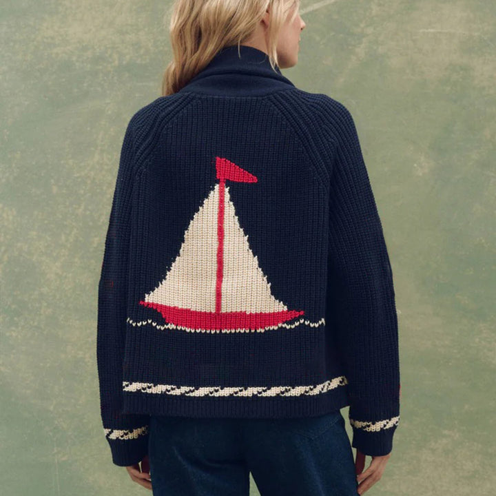 Damen Grobstrick-Cardigan mit Reverskragen und Pferde‑Intarsie Echoarchiv