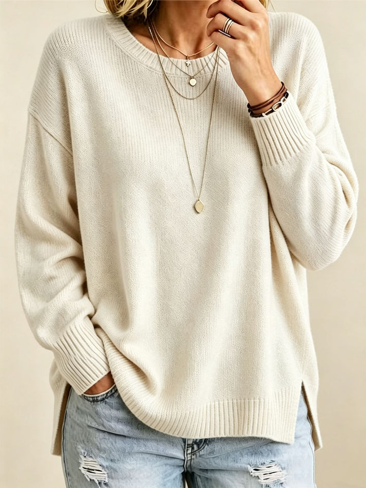 Damen Locker geschnittener Rundhals-Feinstrickpullover mit Seitenschlitzen und gerippten Bündchen – Mavelle