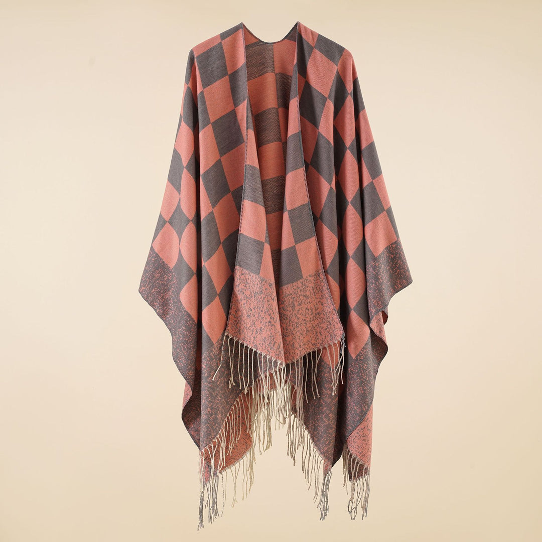 Damen Oversized gewebter Poncho mit Rautenmuster und Fransen – Avérine