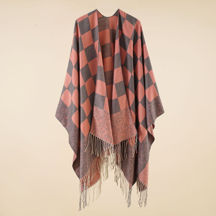 Damen Oversized gewebter Poncho mit Rautenmuster und Fransen – Avérine