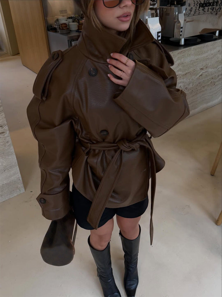 Damen Kurz geschnittener Oversize Lederimitat-Trench mit Taillengürtel und Epauletten Echoarchiv