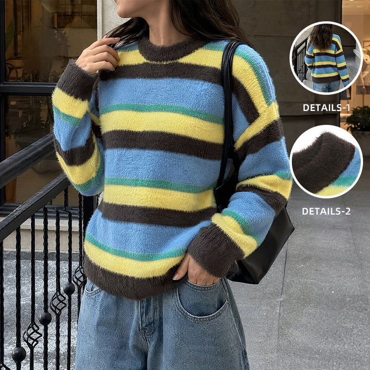 Damen Lässig gestrickter Pullover mit buntem Streifenmuster Echo Archiv