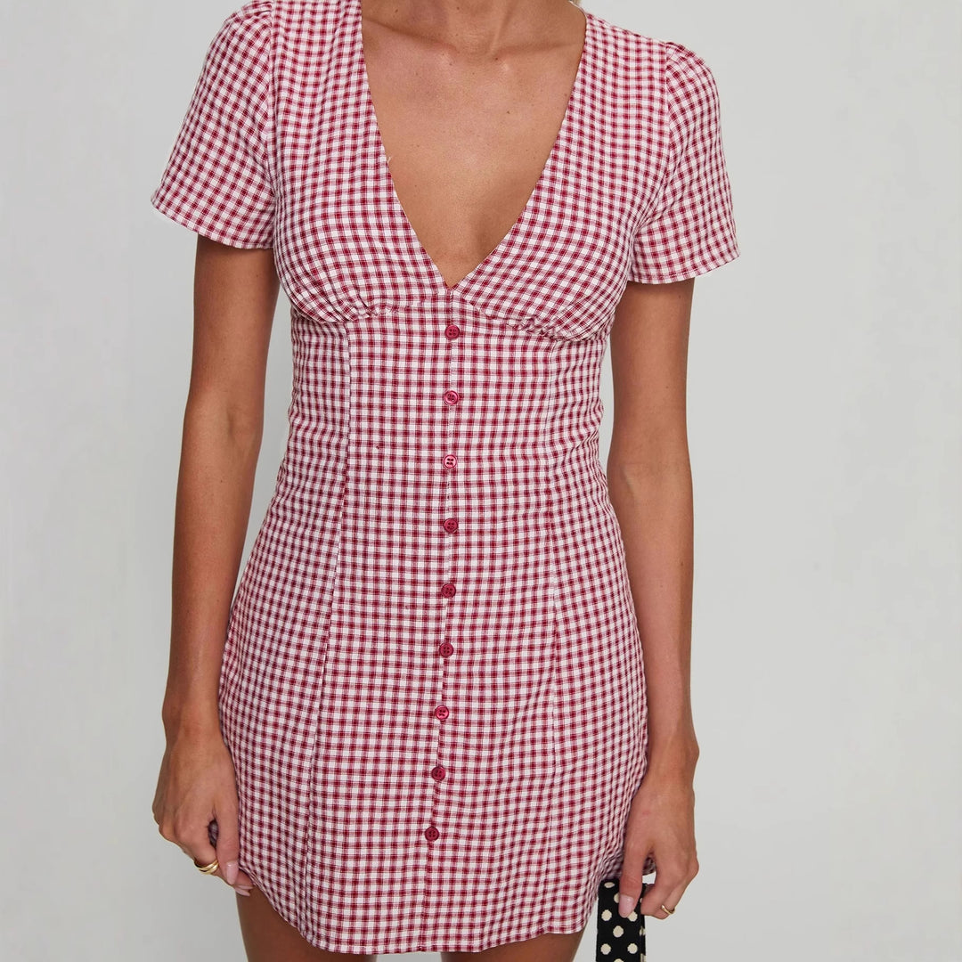 Damen Kurzärmeliges Kleid mit V-Ausschnitt und Knopfleiste Echo Archiv