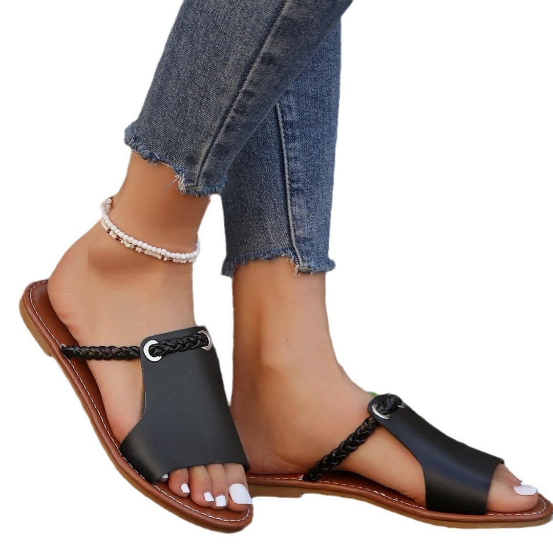 Damen nan elegante flache Pantolette mit breitem Obermaterial und geflochtenem Zehenriemen Echo Archiv