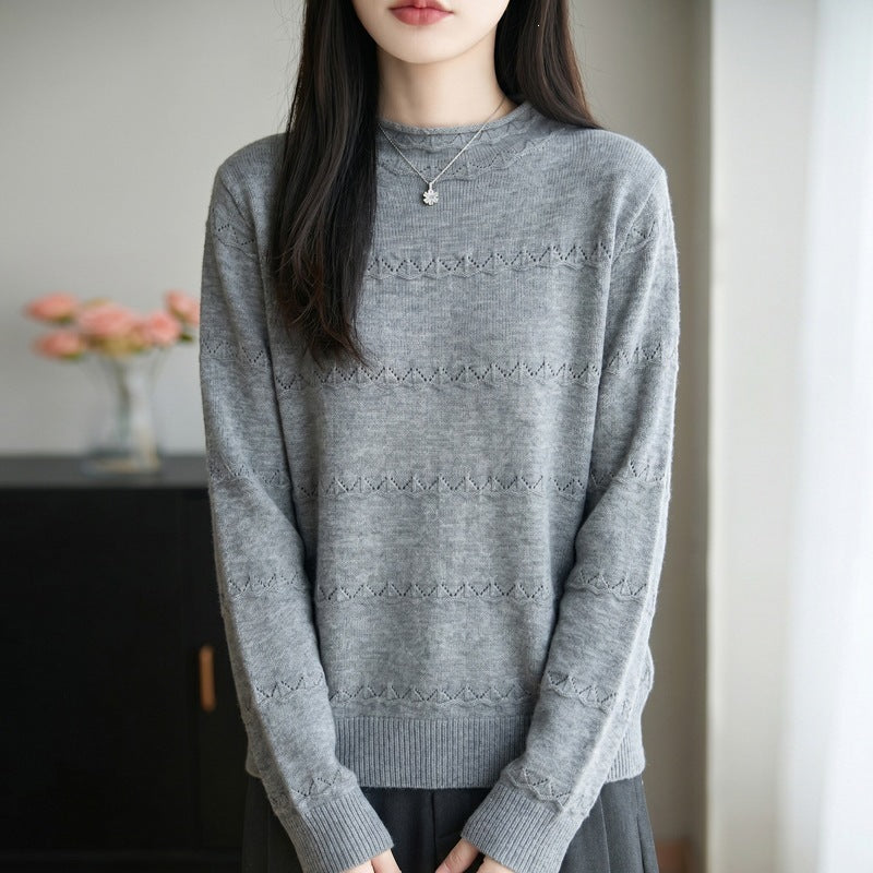 Damen Leichter Ajourstrick-Pullover mit kurzem Stehkragen und feinem Rippsaum Echoarchiv