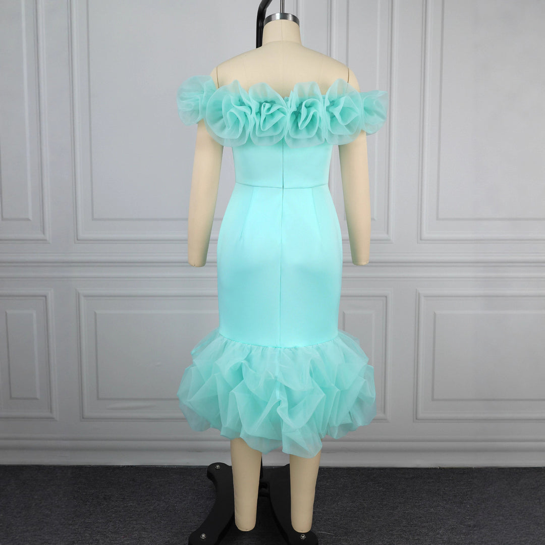 Damen Figurbetontes Kleid mit Rüschenärmel und voluminösem Saum Echo Archiv