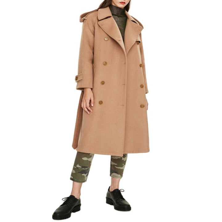 Damen Midilanger Doppelreihiger Wollmix‑Trenchcoat mit Epauletten und Taillengürtel Echoarchiv