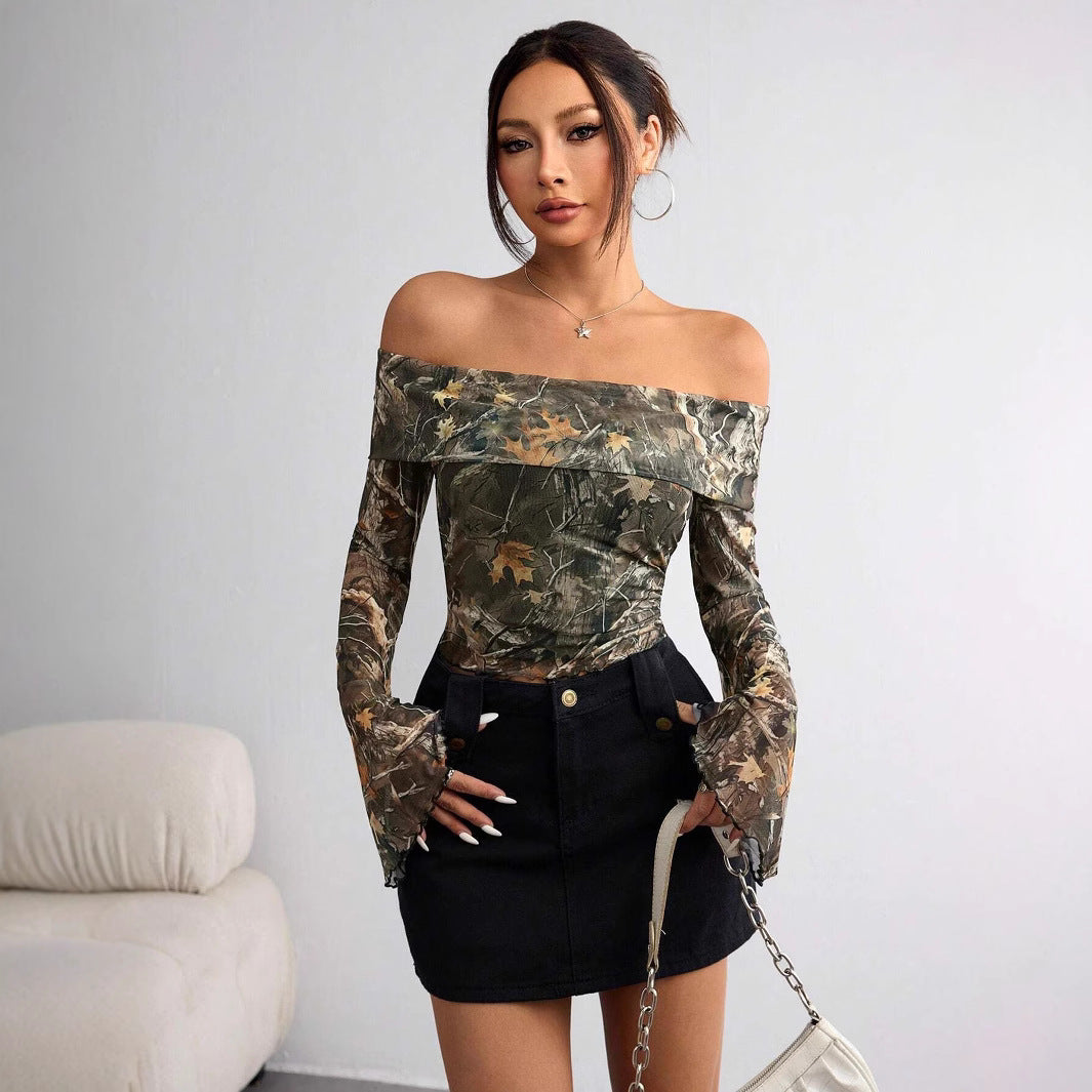 Damen nan schulterfreies Langarm-Top mit Camouflage-Blattmuster und ausgestellten Ärmeln Echo Archiv