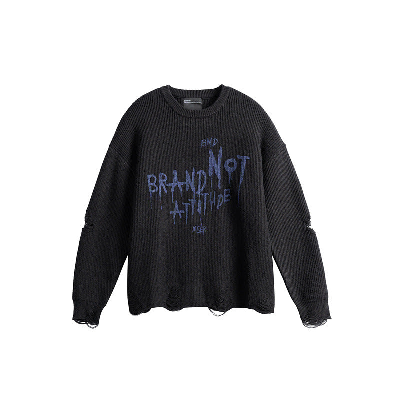 Unisex Oversize Strickpullover mit Destroyed Details und Statement Print Echoarchiv