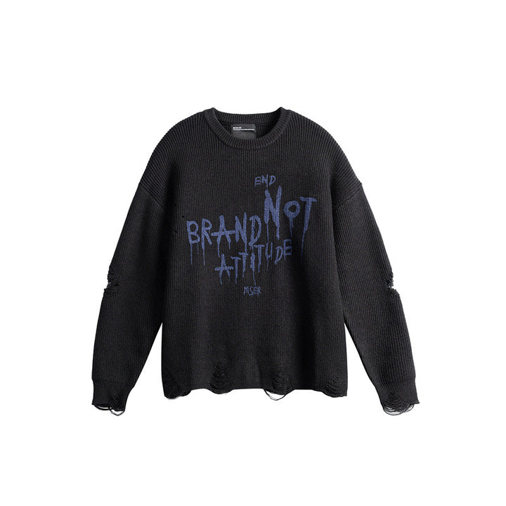 Unisex Oversize Strickpullover mit Destroyed Details und Statement Print Echoarchiv