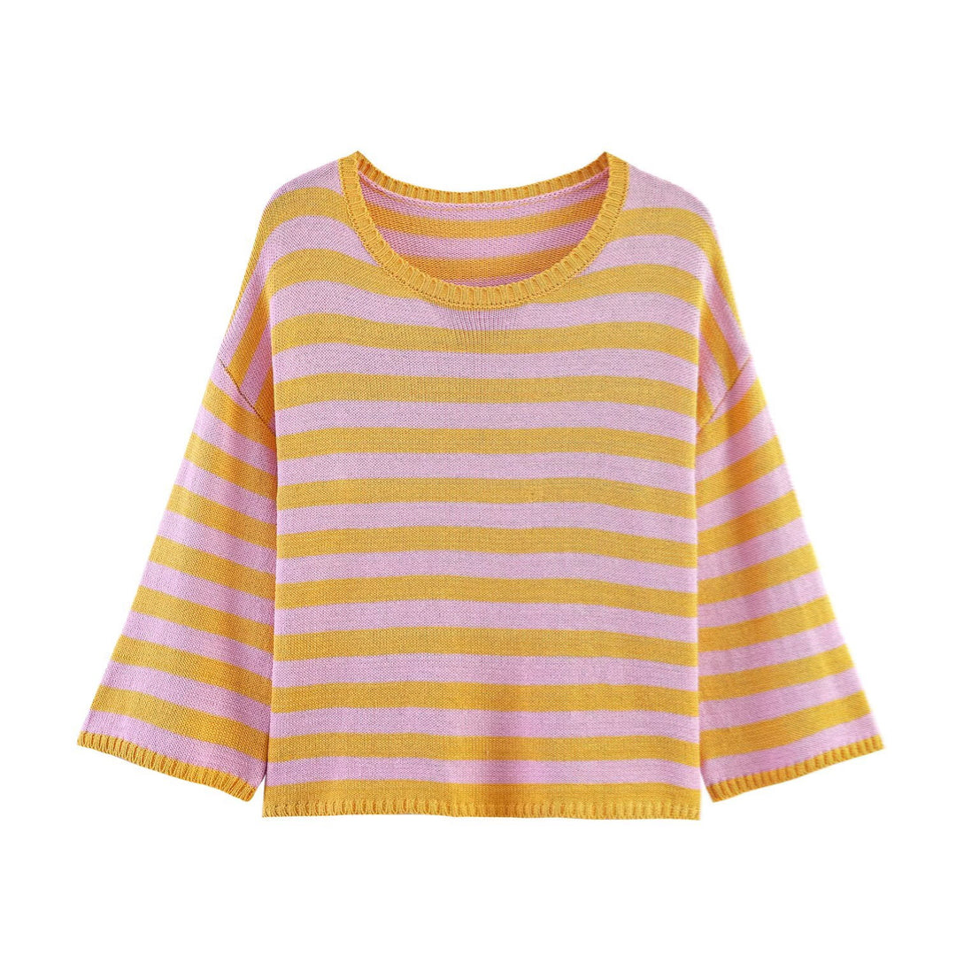 Damen Oversized Gestreifter Feinstrickpullover mit Rundhals und halblangen Ärmeln Echo Archiv