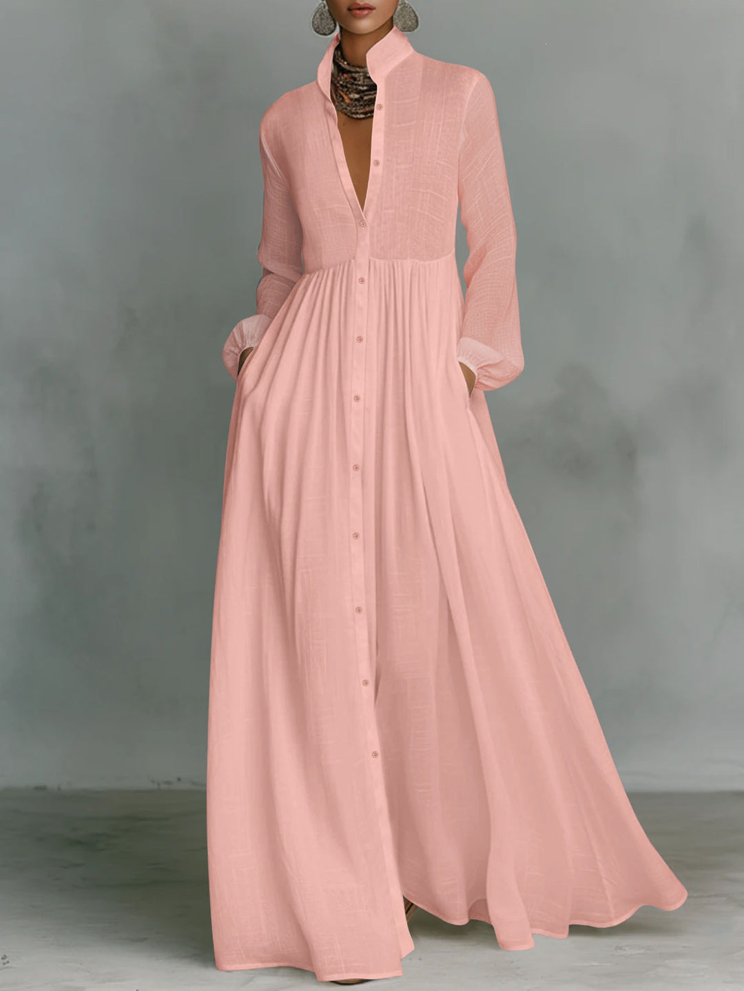 Damen Maxikleid mit Stehkragen, durchgehender Knopfleiste, taillenhoher Raffung und Eingrifftaschen – Valéora