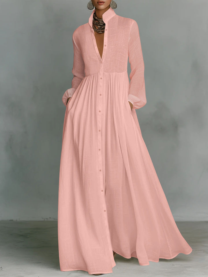 Damen Maxikleid mit Stehkragen, durchgehender Knopfleiste, taillenhoher Raffung und Eingrifftaschen – Valéora