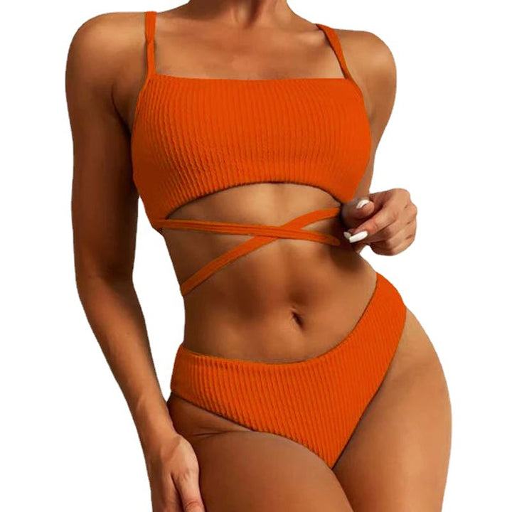 Damen Hochgeschnittener Ripp-Bikini mit Kreuzdetails Echo Archiv