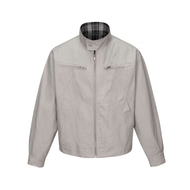 Herren Kurz geschnittene Canvas-Blousonjacke mit Stehkragen, Reißverschlusstaschen und kariertem Futter Echo Archiv