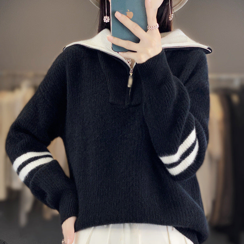 Damen Rippenstrick-Pullover mit halbem Reißverschluss, hohem Stehkragen und lässiger Passform Echoarchiv