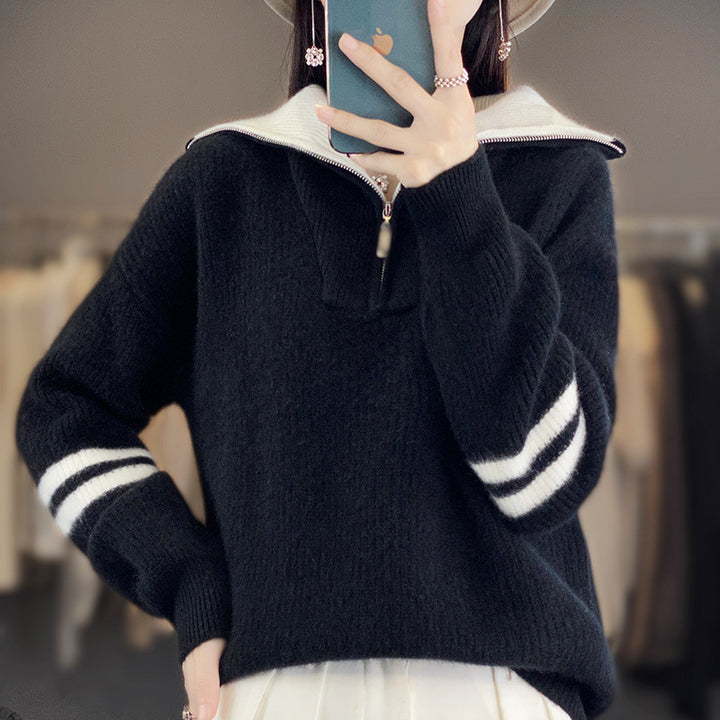 Damen Rippenstrick-Pullover mit halbem Reißverschluss, hohem Stehkragen und lässiger Passform Echoarchiv