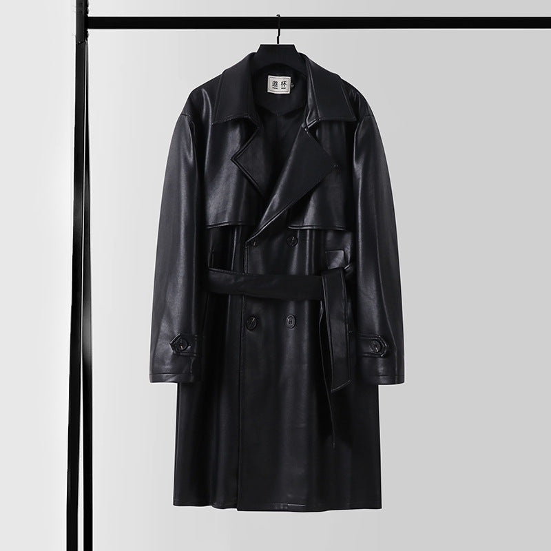 Herren Lederimitat-Trenchcoat mit Doppelreiher, Oversize-Schnitt und Manschettenriegel Echoarchiv
