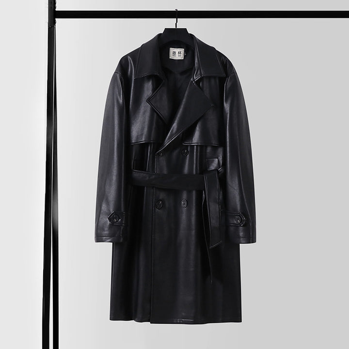Herren Lederimitat-Trenchcoat mit Doppelreiher, Oversize-Schnitt und Manschettenriegel Echoarchiv