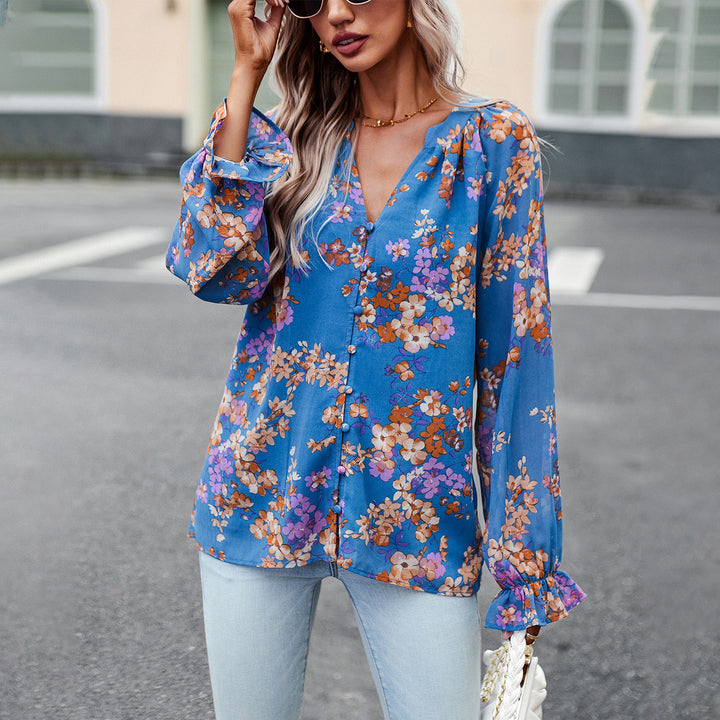 Damen nan Chiffon-Bluse mit floralem Alloverprint, V-Ausschnitt, Knopfleiste und gebundenen Manschetten Echo Archiv