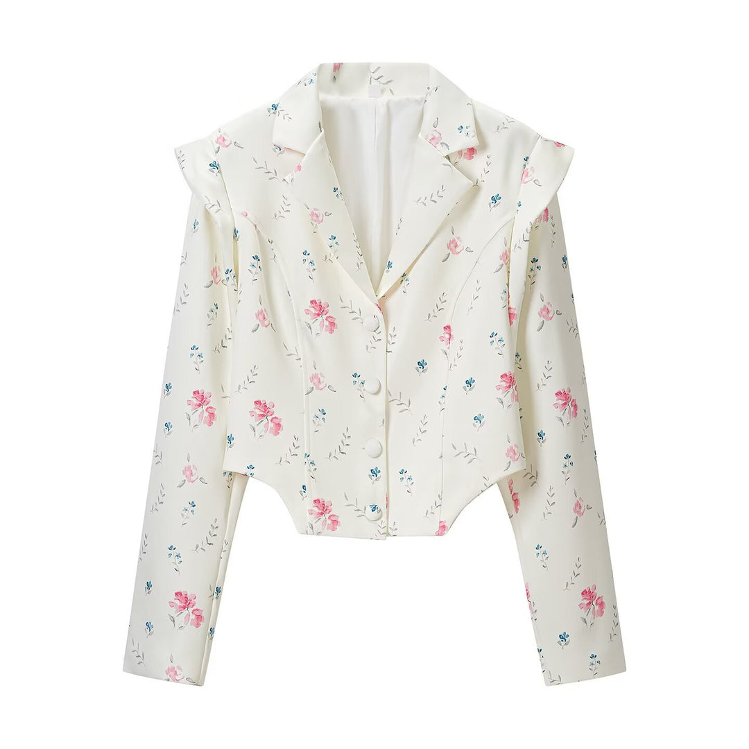 Damen Kurzblazer mit floraler Allover‑Print, taillierter Silhouette und dekorativen Schulterdetails Echoarchiv